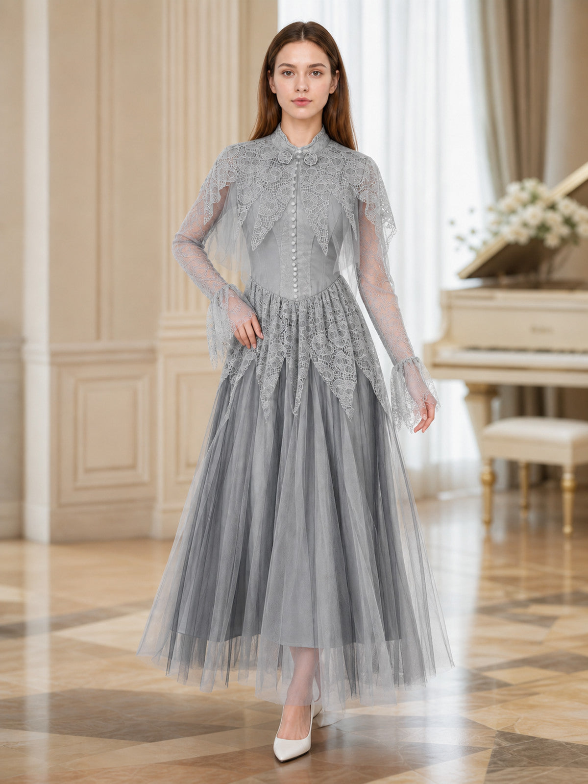 Gray Gothic Mesh Dress for Cosplay lifestyle view