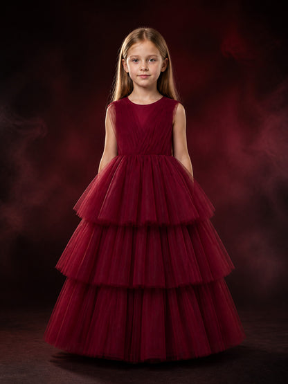 Girls' Burgundy Princess Dress, Sleeveless V-Neck Tiered Tulle Formal Gown main product view