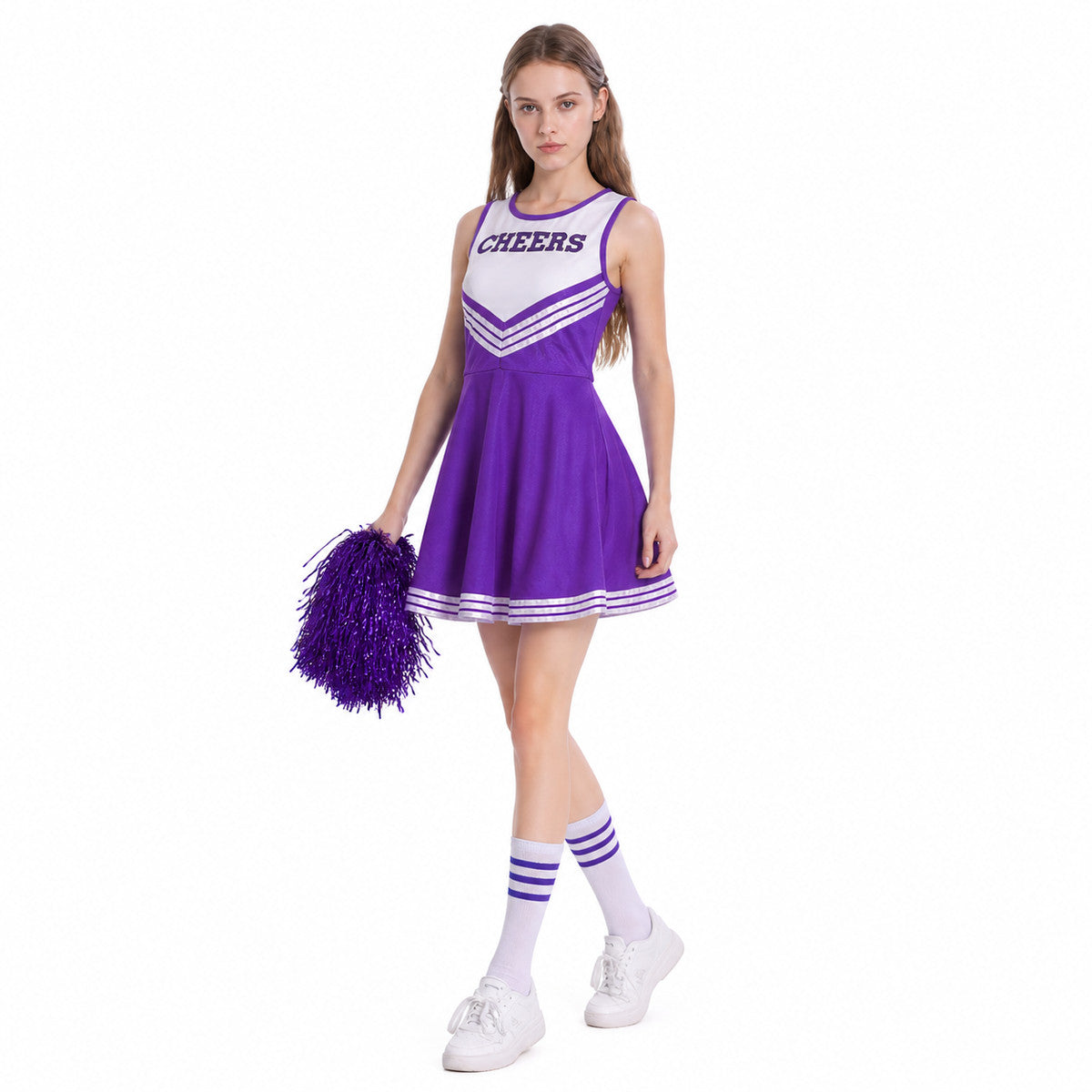 Cheerleader Costume with Pom-Poms and Striped Knee-High Socks Costumes detail
