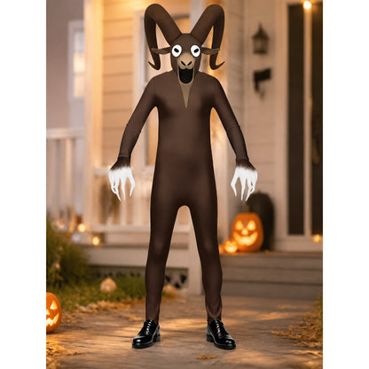 Halloween monster jumpsuit with horns and white paws lifestyle view