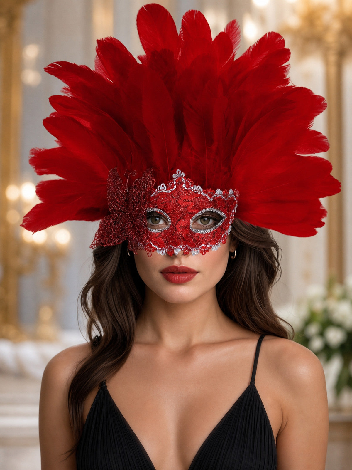 Red feather mask modeled against an indoor background, showing a glittered half-face design, silver trim, and decorative side bow