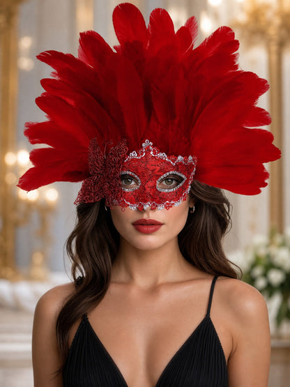 Red feather mask modeled against an indoor background, showing a glittered half-face design, silver trim, and decorative side bow