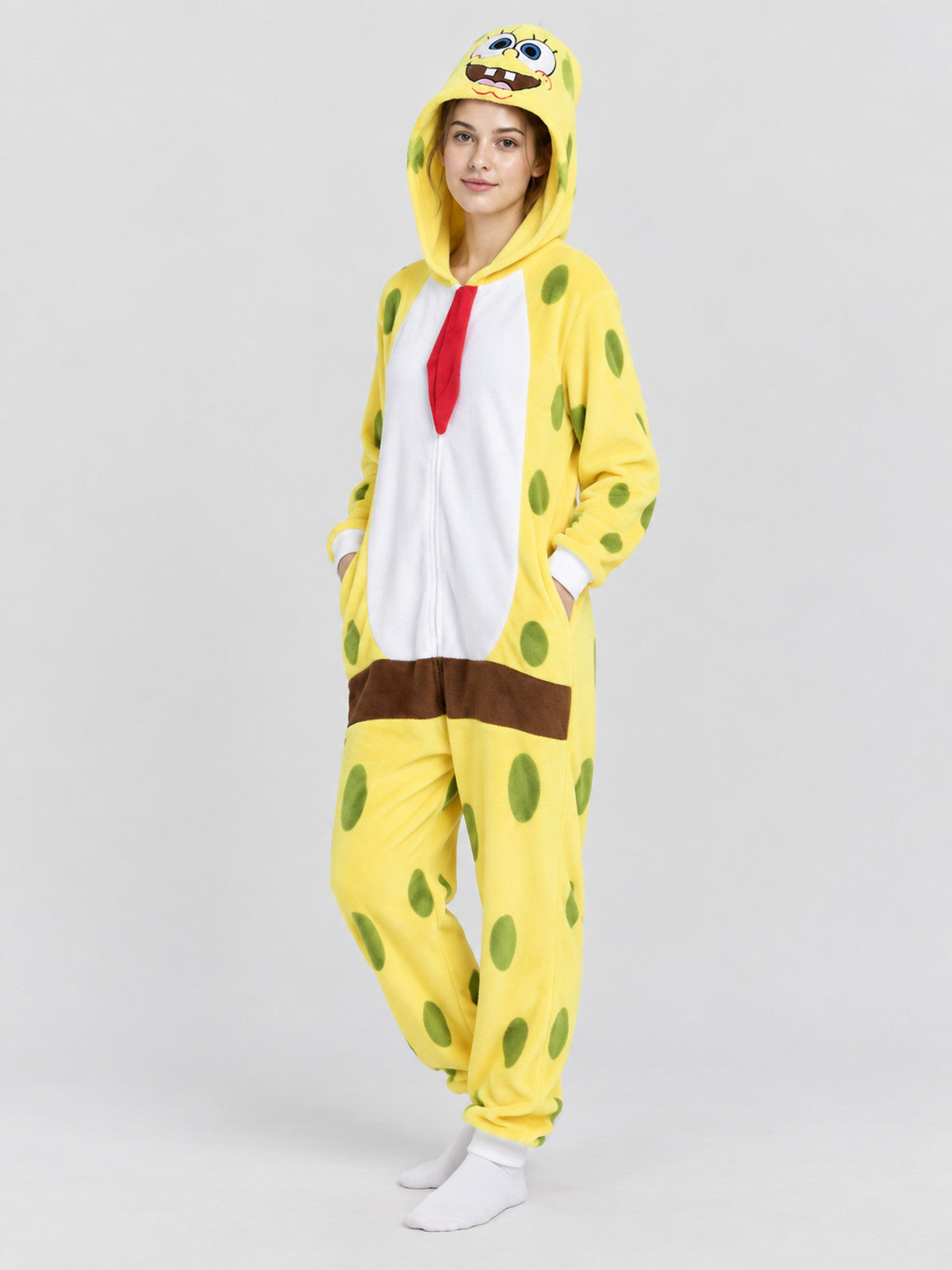 Yellow one-piece kigurumi pajama with cartoon-face hood