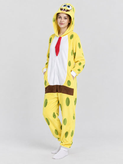 Yellow one-piece kigurumi pajama with cartoon-face hood