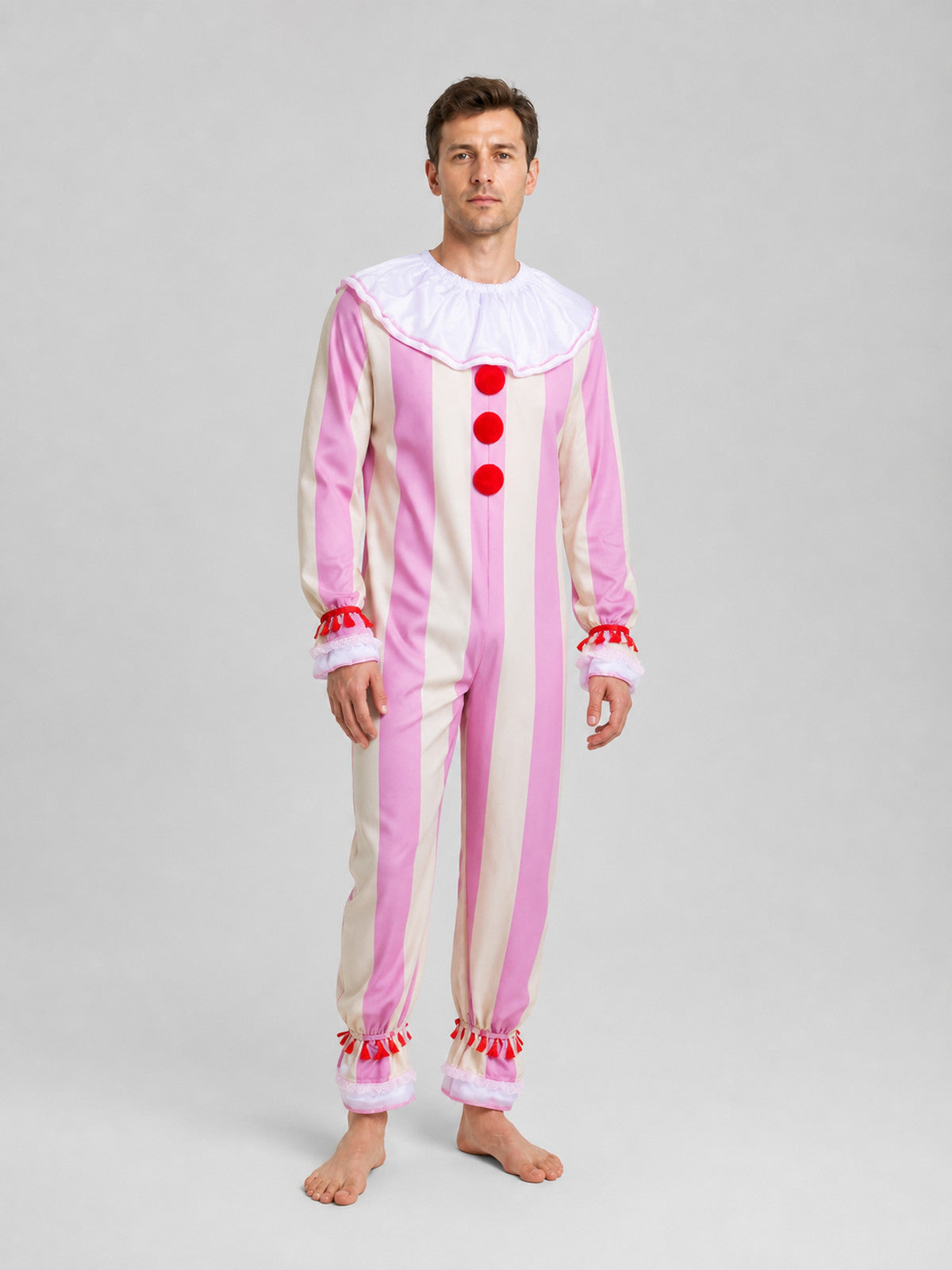 Ingrid Clown Costume, Striped Jumpsuit with Jabot Costumes detail