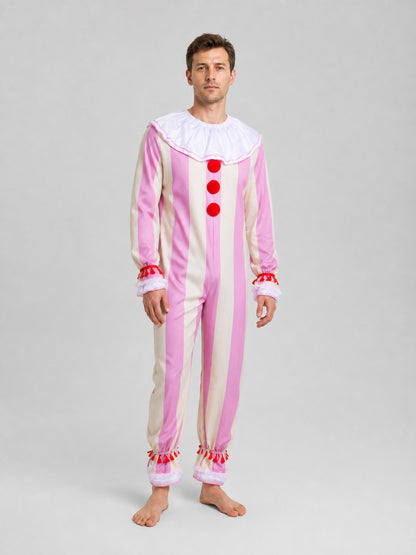 Ingrid Clown Costume, Striped Jumpsuit with Jabot Costumes detail