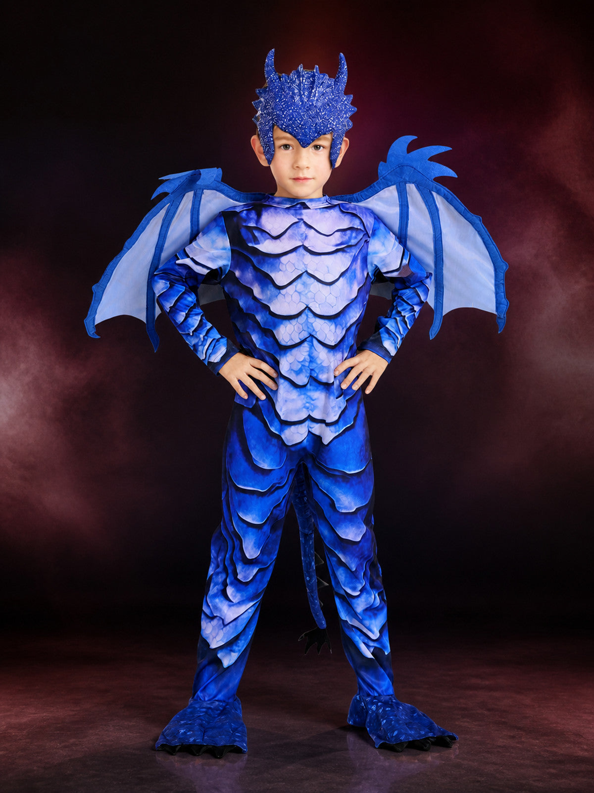 Kids Blue Dinosaur Jumpsuit Costume with Wings, Tail and Scales for Halloween main product view