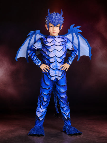 Kids Blue Dinosaur Jumpsuit Costume with Wings, Tail and Scales for Halloween main product view