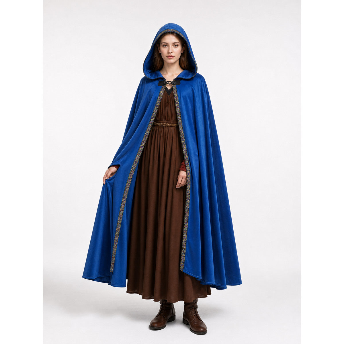Blue hooded cloak with patterned front trim, shown full-length on a model against a white studio background
