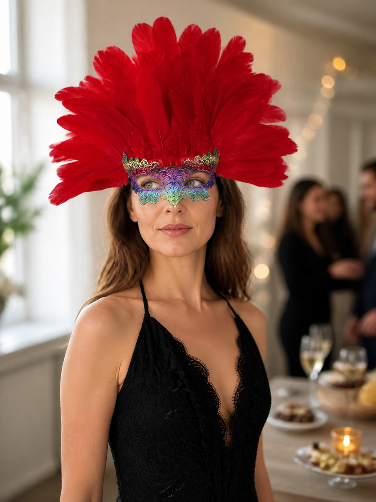 Carnival Headpiece with Red Feathers and Mask lifestyle view