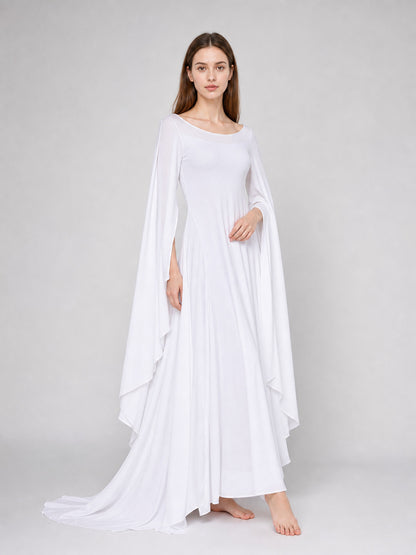 White Dress with a Square Neckline and Wide Sleeves