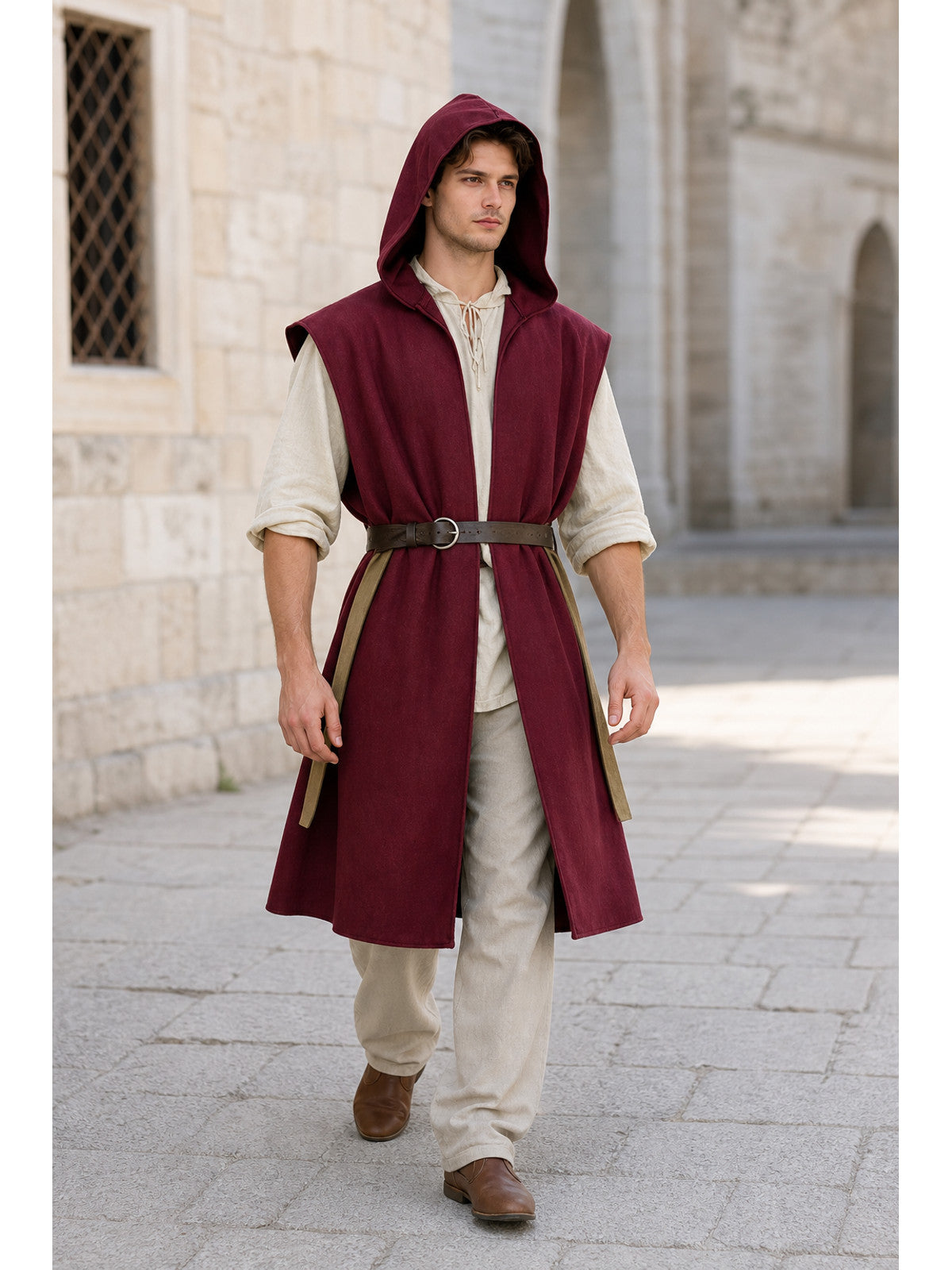 Adult Medieval Fantasy Hooded Cape, Wine Red Sleeveless Long Split-Hem Cloak