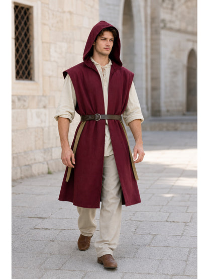 Adult Medieval Fantasy Hooded Cape, Wine Red Sleeveless Long Split-Hem Cloak