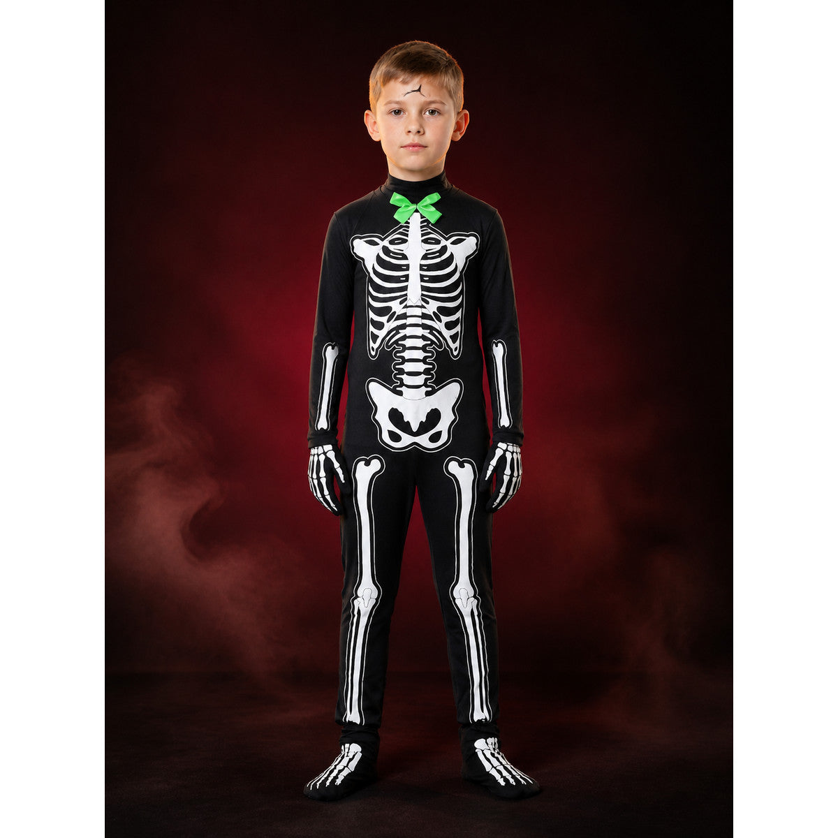 Kids Skeleton Bodysuit Halloween Costume, Black with White Bone Print and Green main product view