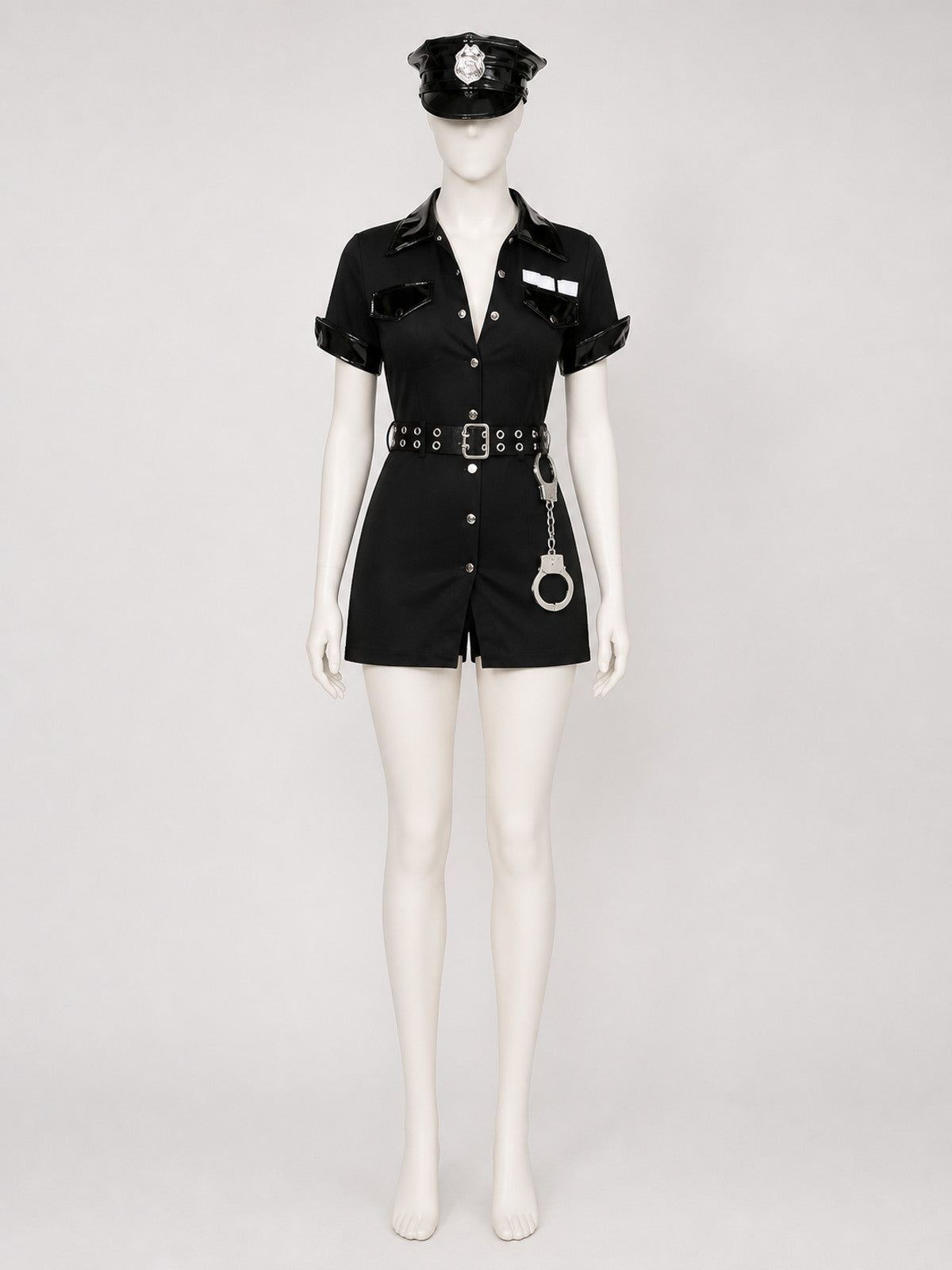 Women's Sexy Police Officer Costume Set, Black Short Sleeve Bodysuit with Hat main product view