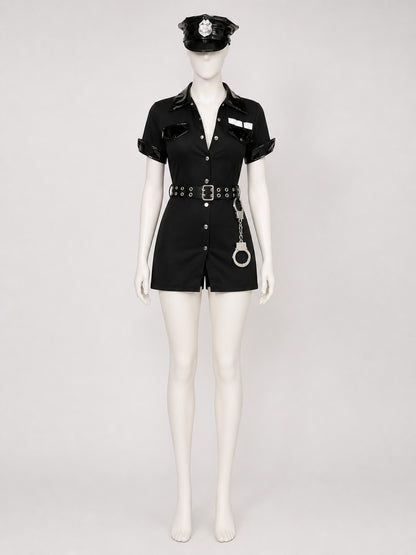 Women's Sexy Police Officer Costume Set, Black Short Sleeve Bodysuit with Hat main product view