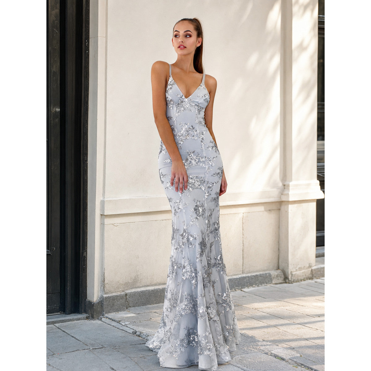 Women's Silver-Gray Sequin Dress with a V-Neckline Costume Dresses detail
