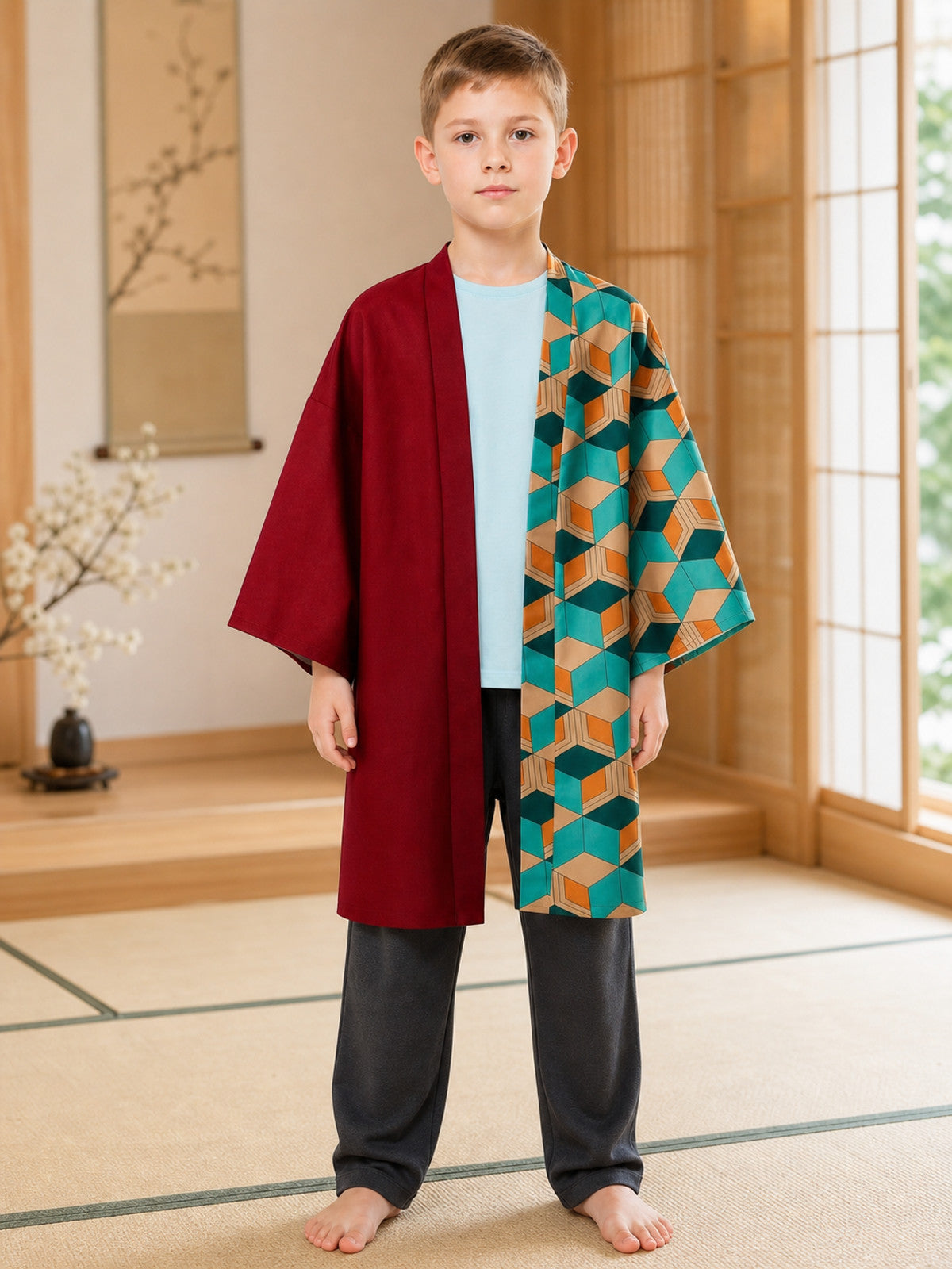 This long kimono-style cover-up combines a striking two-tone design with an