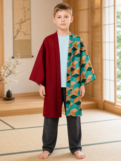 This long kimono-style cover-up combines a striking two-tone design with an