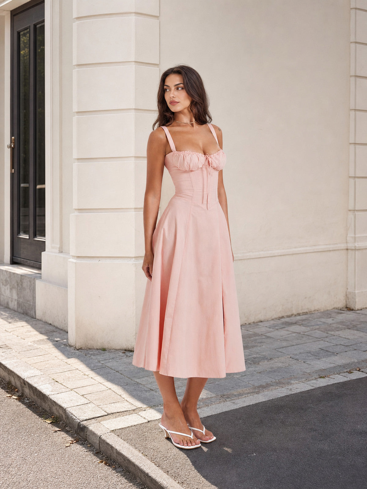 Pink Tie-Detail Midi Dress with Spaghetti Straps and A-Line Silhouette Costume Dresses detail