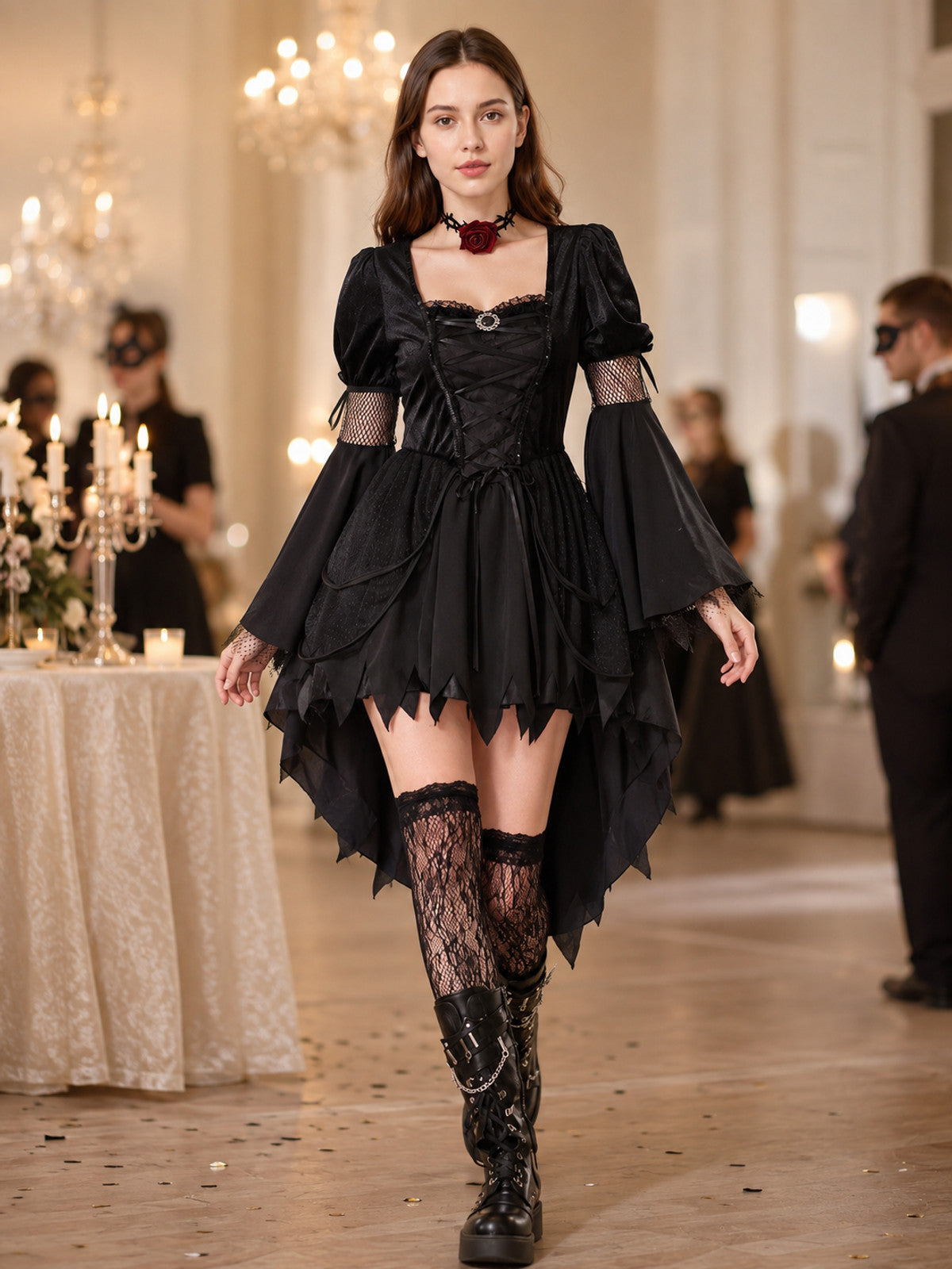 Witch Costume with Black Dress, Choker, and Fishnet Stockings lifestyle view