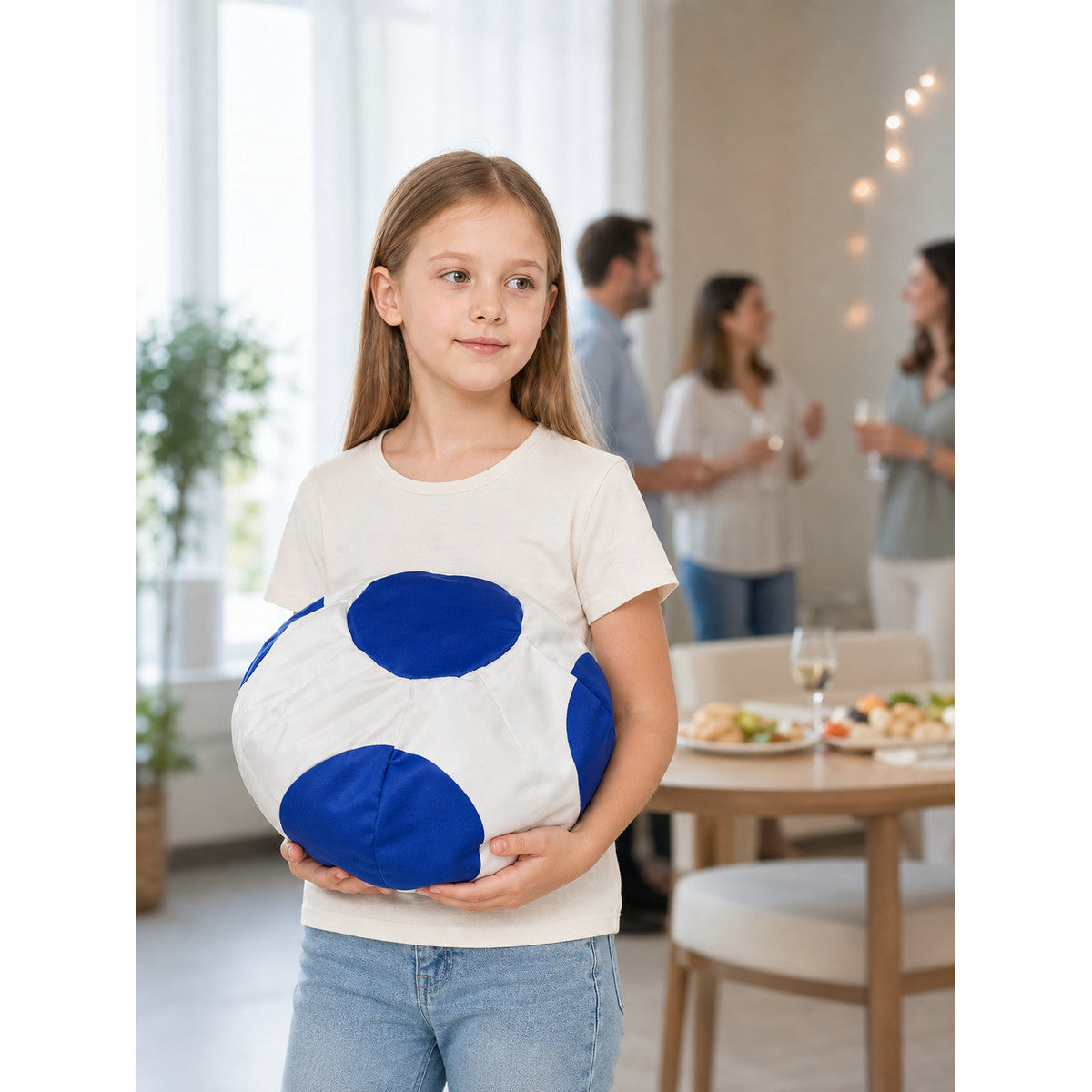 Round Blue and White Pillow with a Soccer Ball Design