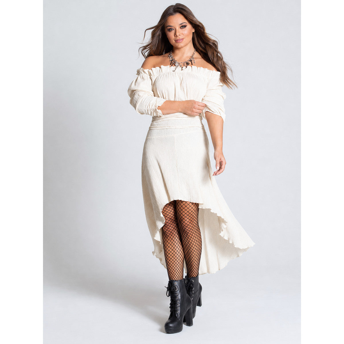 Long Off-the-Shoulder Dress with an Asymmetrical Hem