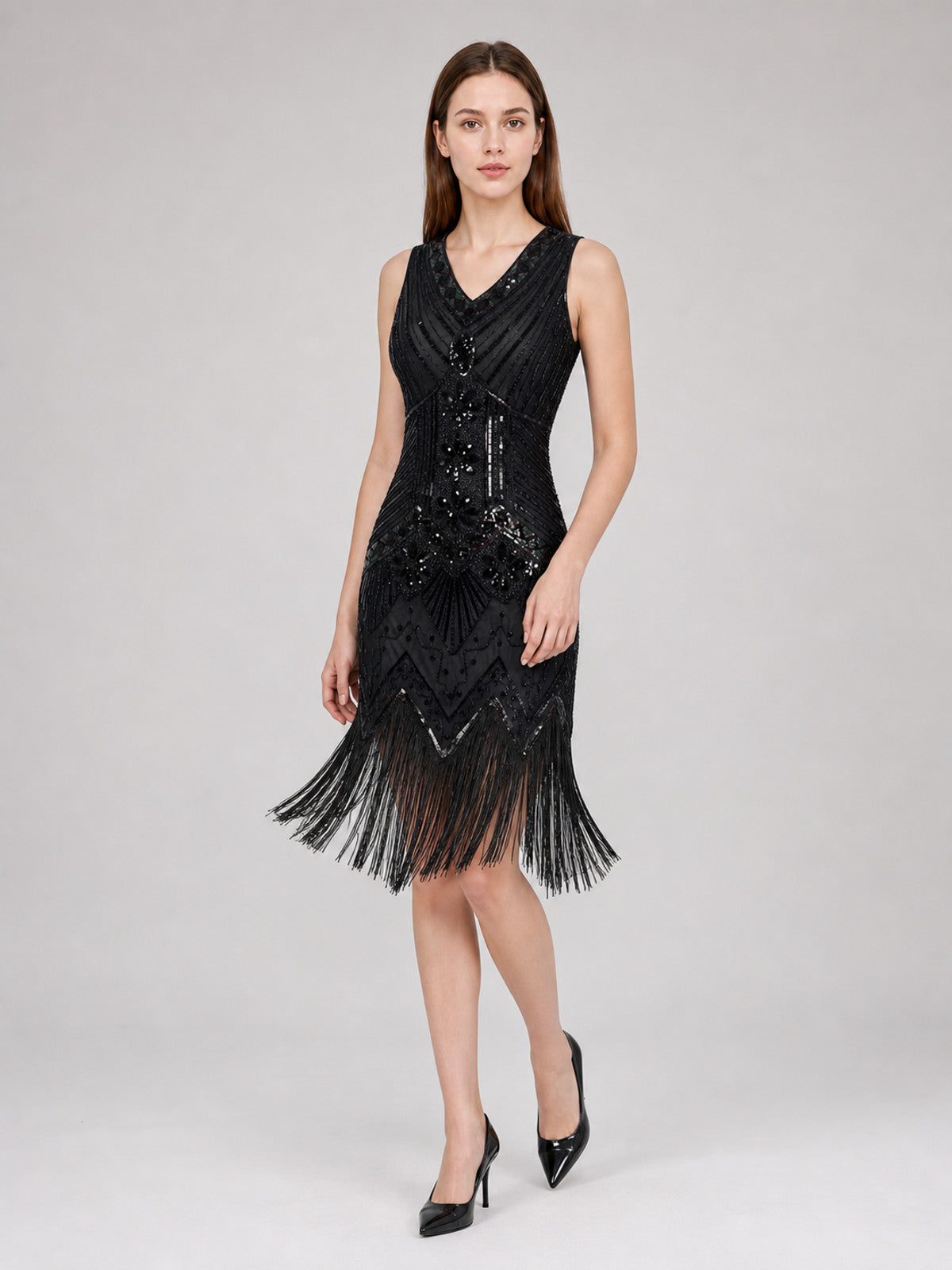 Black Art Deco flapper dress with fringe Costume Dresses detail