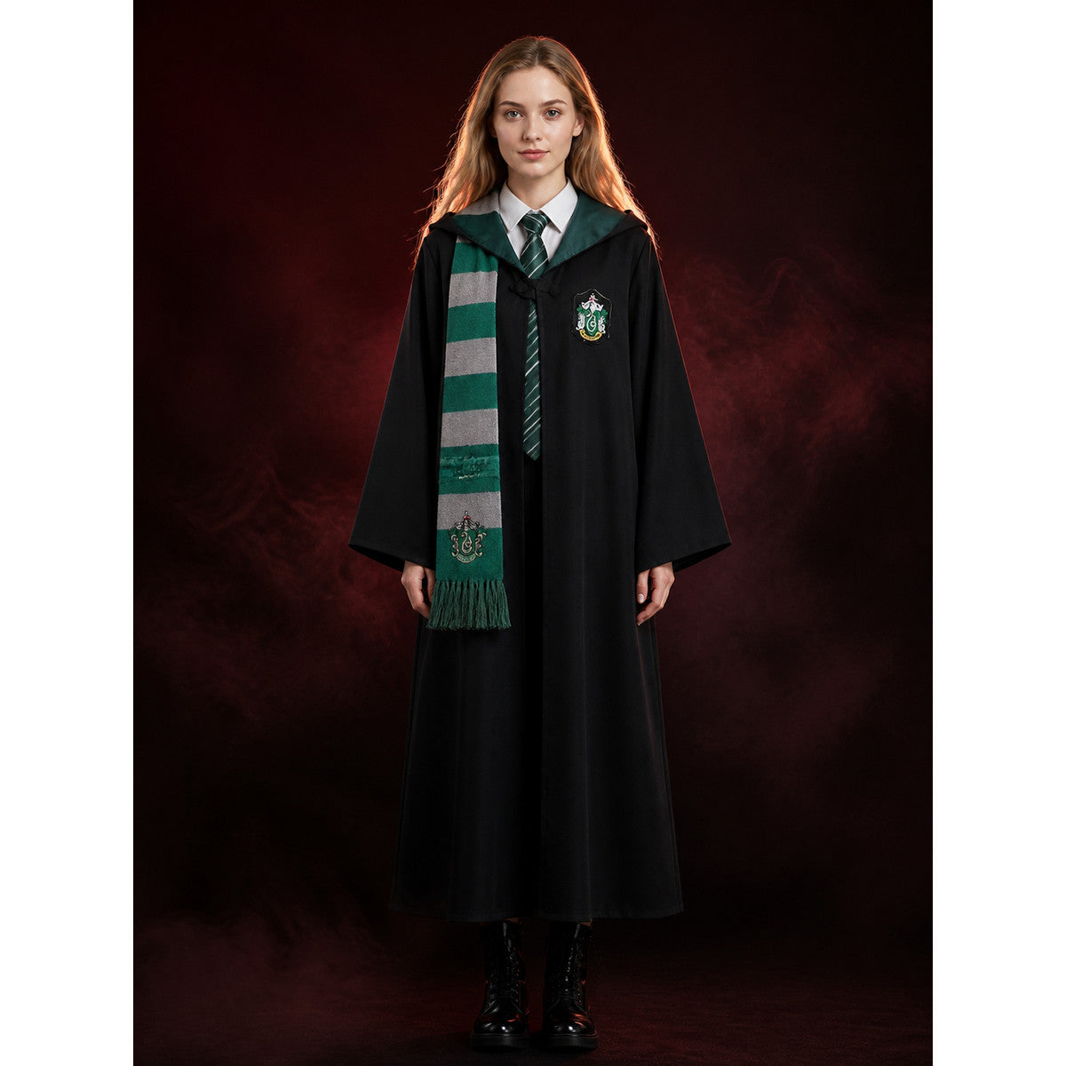 Wizard Long Hooded Robe Costume Set with Tie & Scarf, Green and Grey Stripes lifestyle