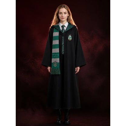 Wizard Long Hooded Robe Costume Set with Tie & Scarf, Green and Grey Stripes lifestyle