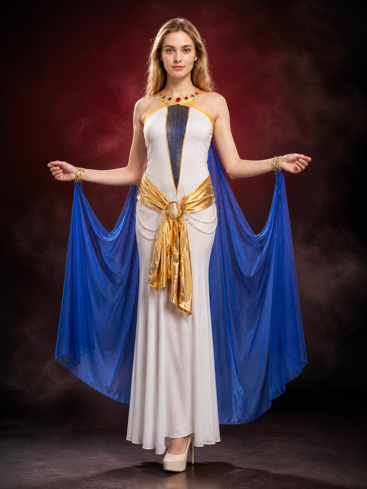 Cleopatra Egyptian Costume Robe Set with Belt and Blue Shoulder Scarf