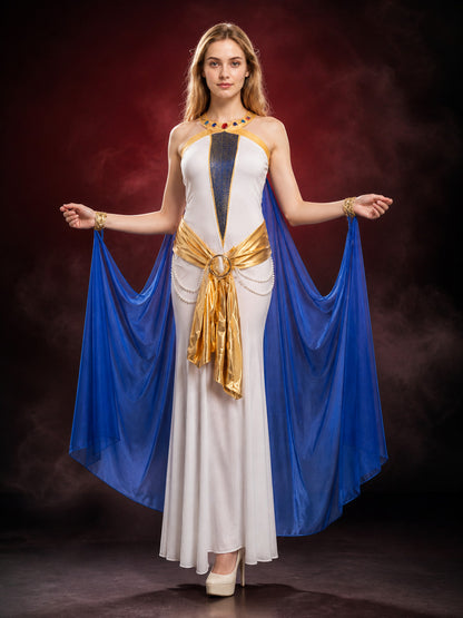 Cleopatra Egyptian Costume Robe Set with Belt and Blue Shoulder Scarf