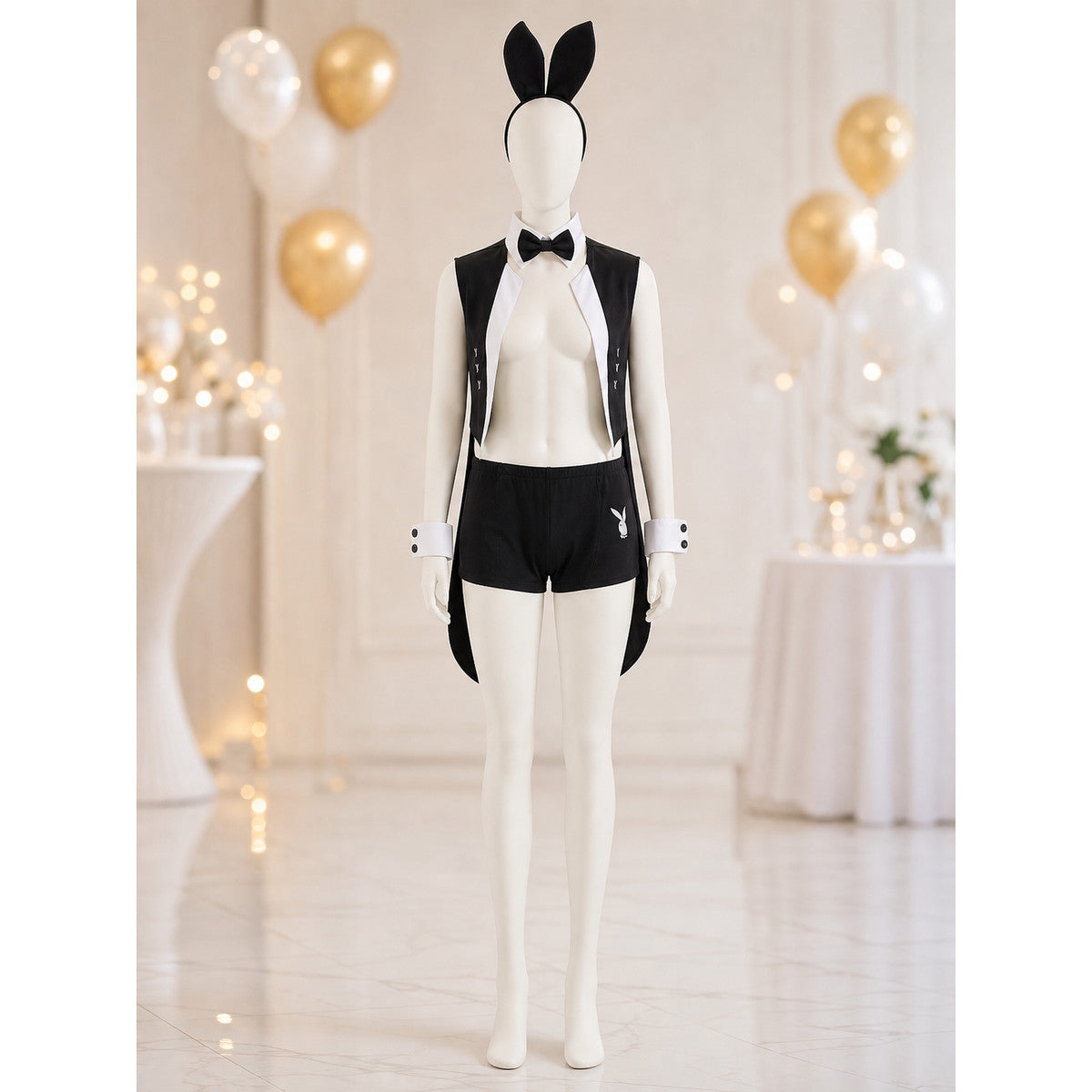 Black-and-White Rabbit Costume with Ears and Bow Tie