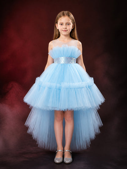 Girls' Light Blue Princess Dress, Layered Tulle Train Skirt With Sequined main product view