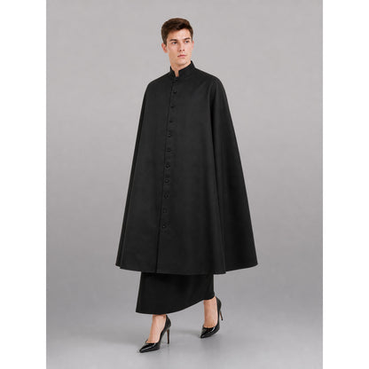 Long Black Robe with Collar and Buttons lifestyle