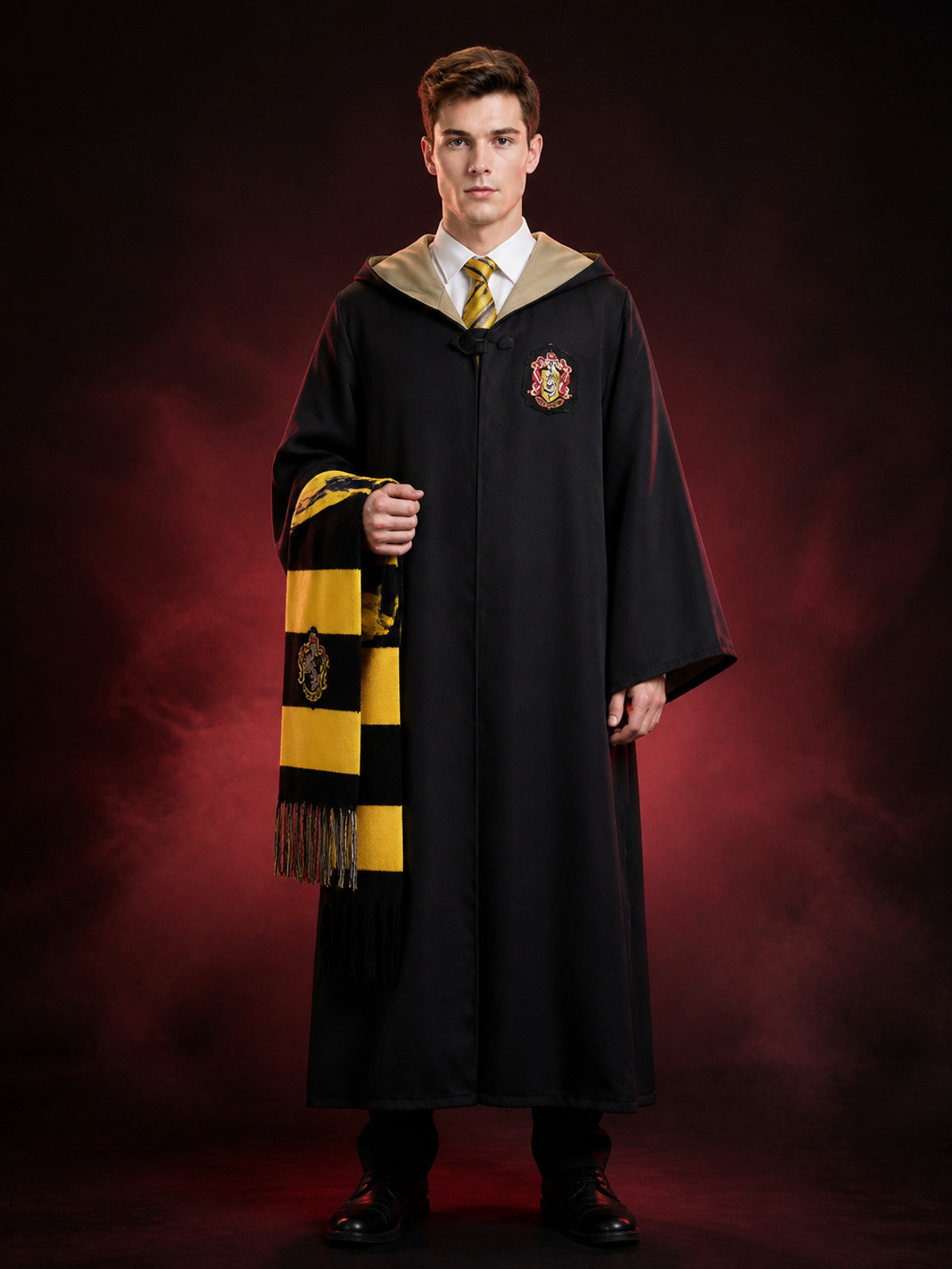 Hooded Wizard Robe Costume Set with Black and Gold Design, Includes Tie and main product view