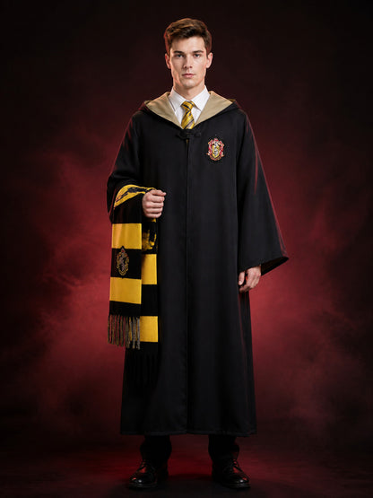 Hooded Wizard Robe Costume Set with Black and Gold Design, Includes Tie and main product view