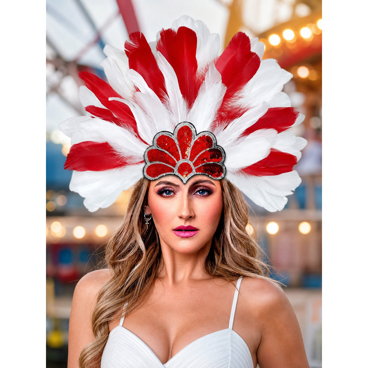 Carnival headpiece with red and white feathers lifestyle
