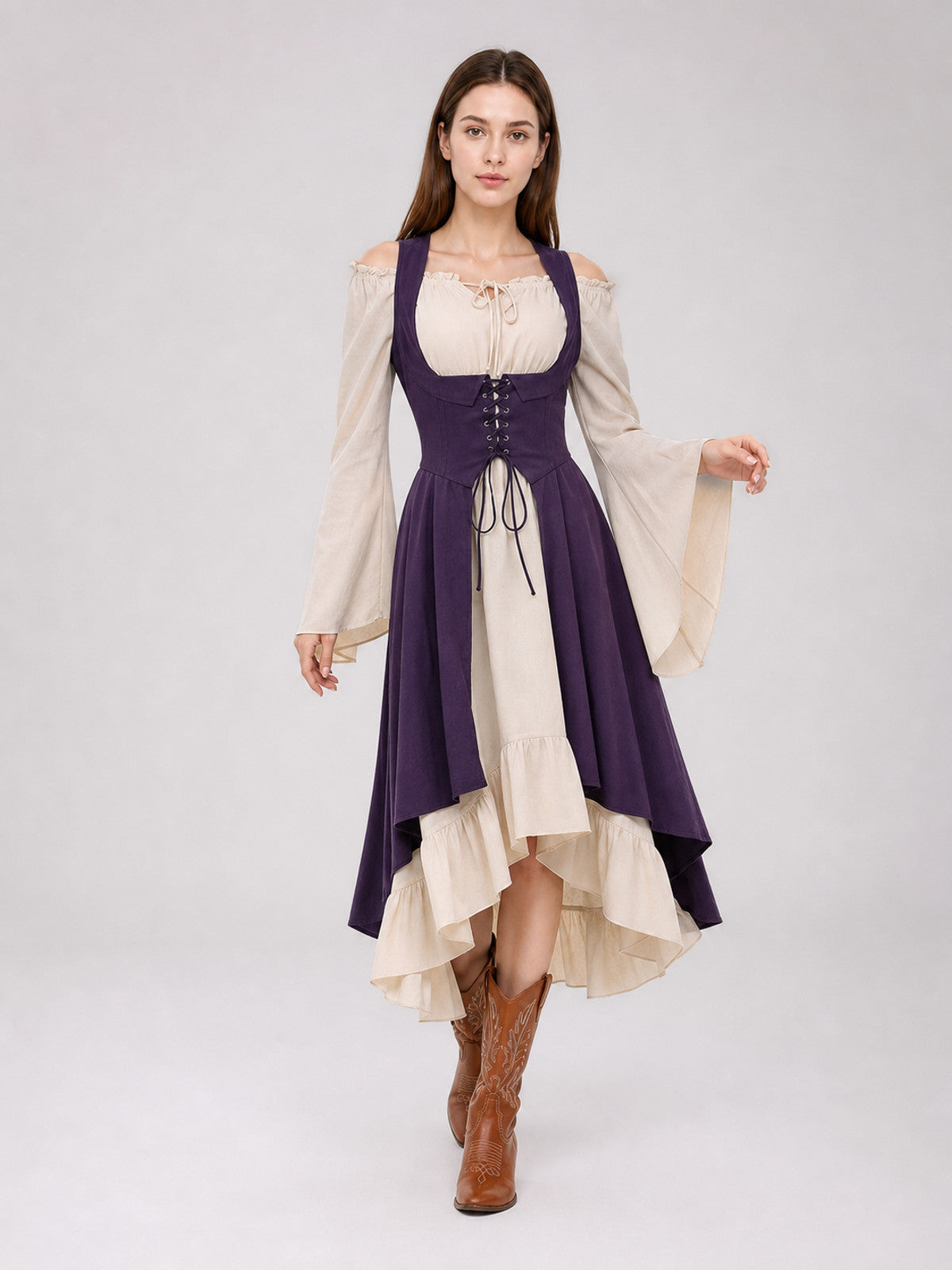 Purple Retro-Style Lace-Up Pinafore Dress