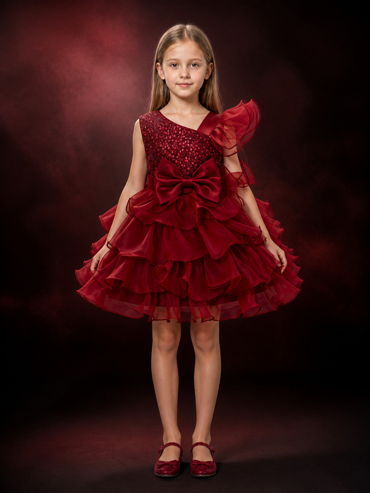 Toddler Girls' Maroon Princess Dress with Sequins, Bow, and Layered Ruffle Skirt main product view