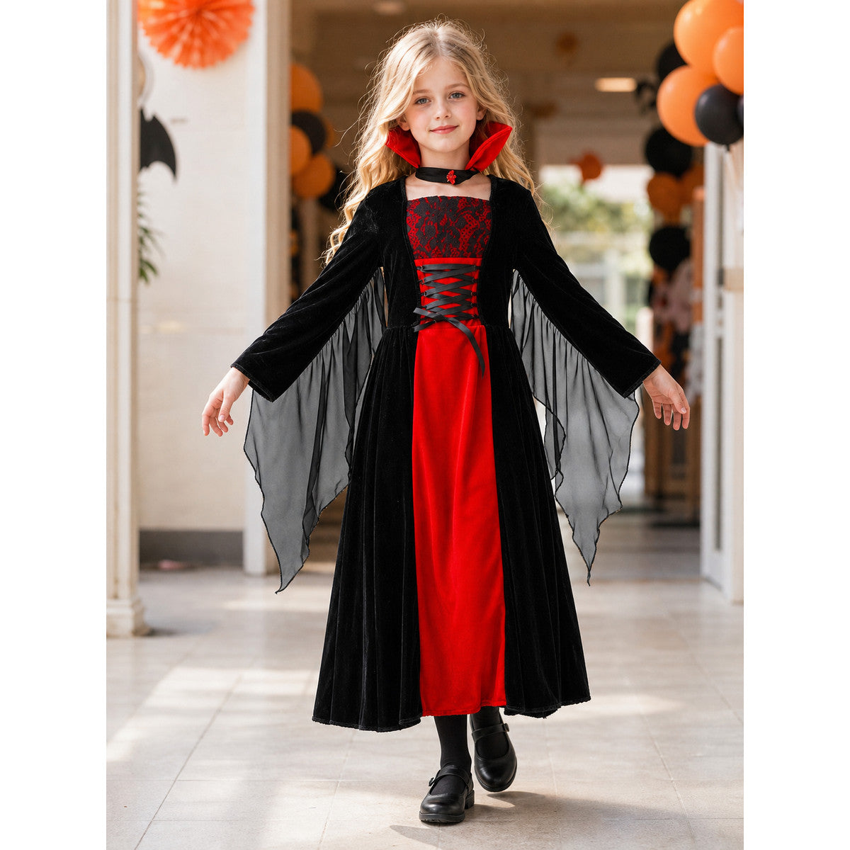 Halloween vampire costume with long dress and cape lifestyle