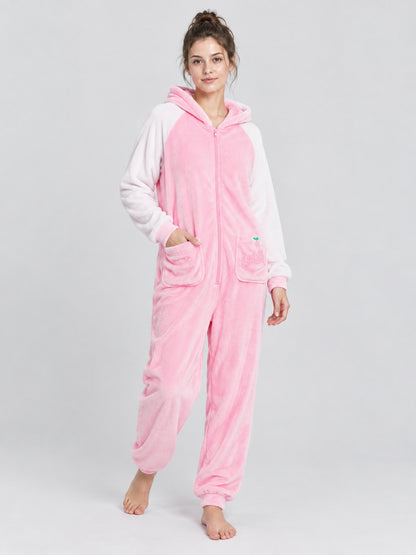 Hooded Pajama Jumpsuit with Cartoon Print