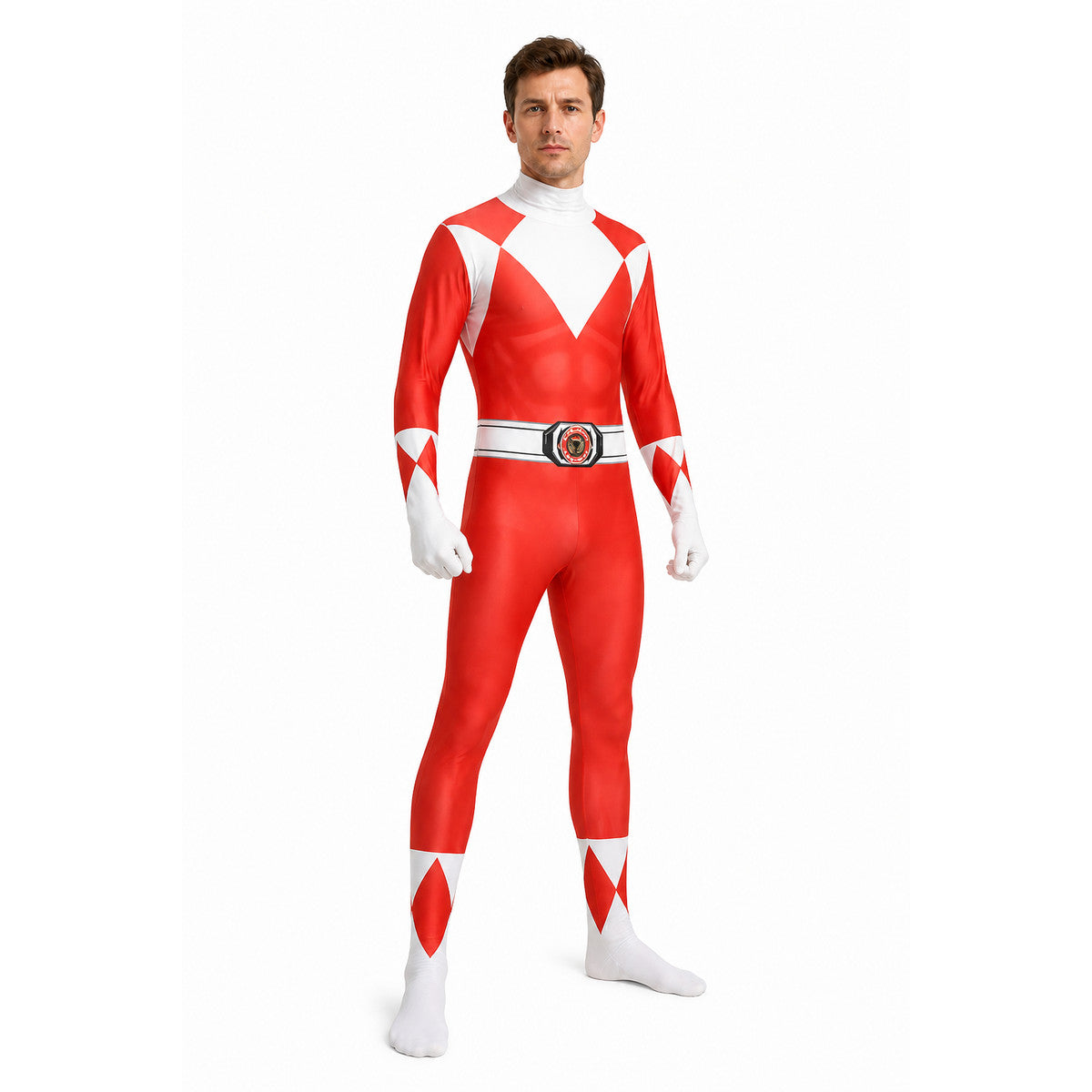 Red and White Superhero Jumpsuit with Mask Costume Masks detail