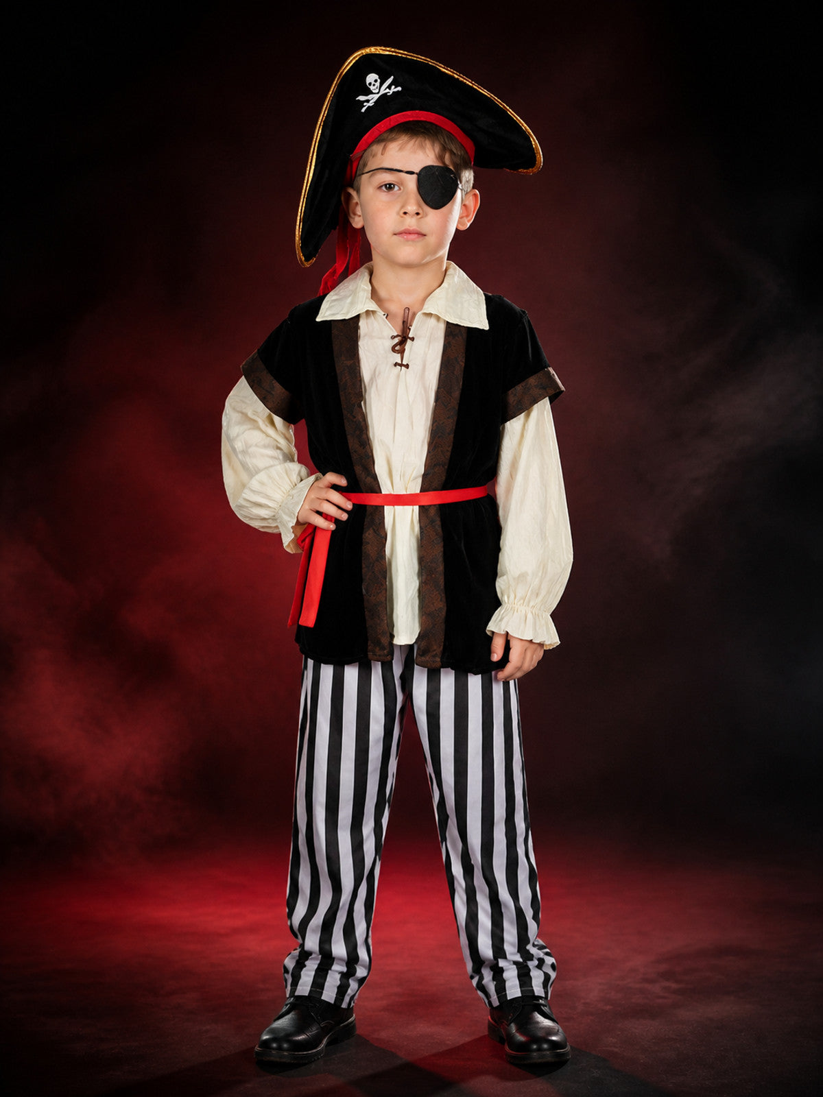 Kids' Pirate Costume Set - Skeleton Print Shirt, Striped Pants, Hat, Eye Patch