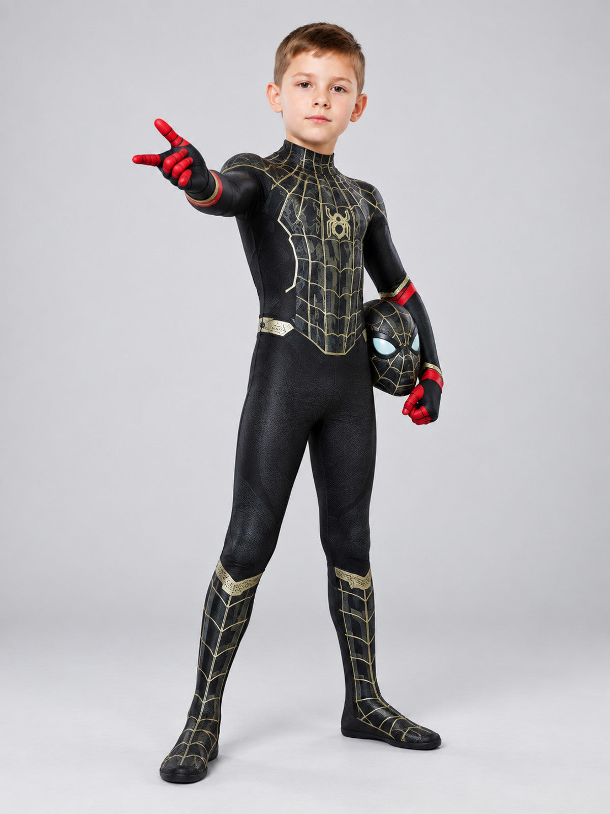 Superhero costume black with gold lines and mask