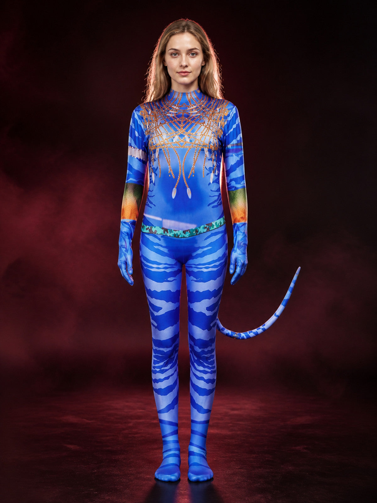 Women's Avatar 2 Costume Bodysuit with Tail, Blue and Orange Print for Halloween