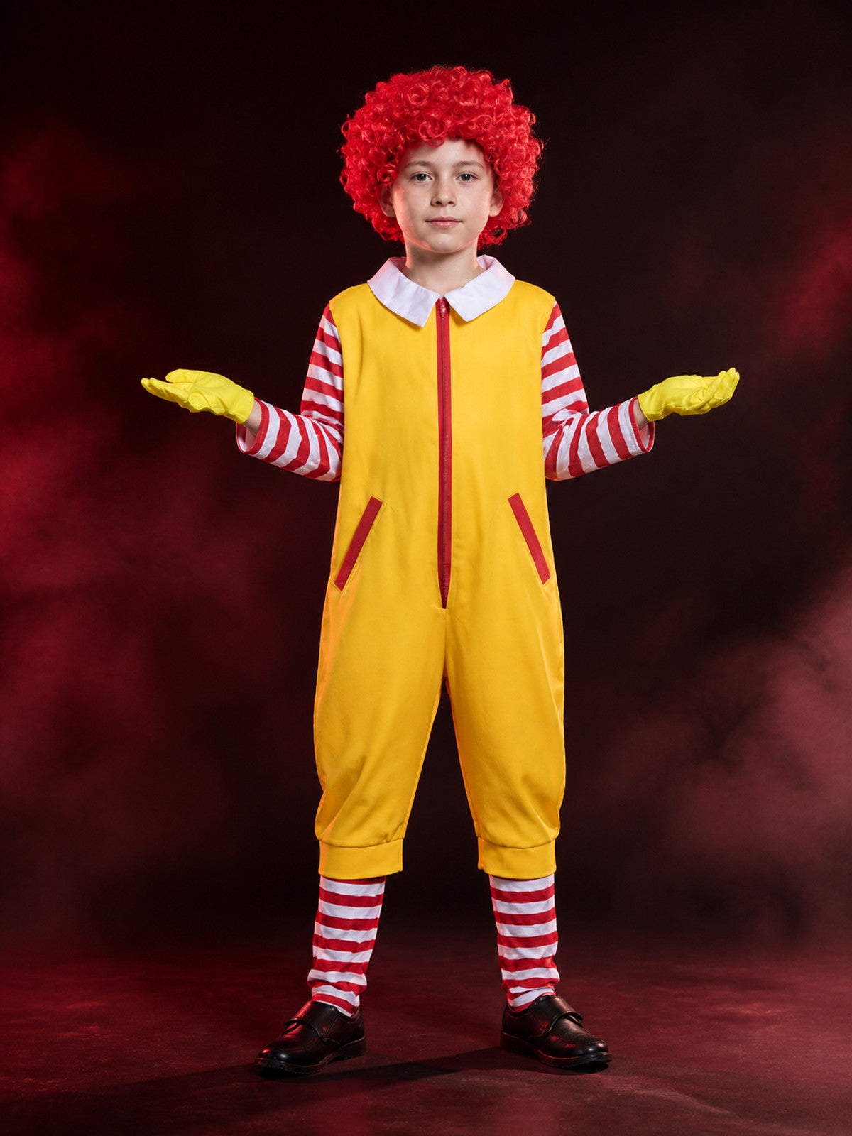 Clown Jumpsuit Costume, Yellow With Red And White Stripes, Halloween Cosplay main product view