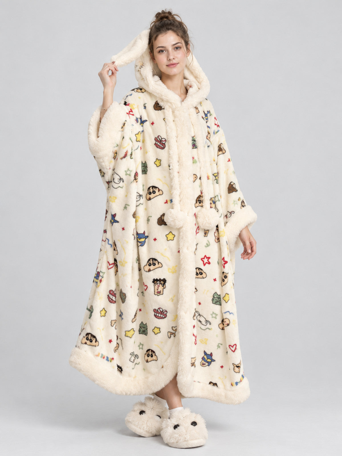 Hooded Home Robe Cape with Pom-Poms and Print