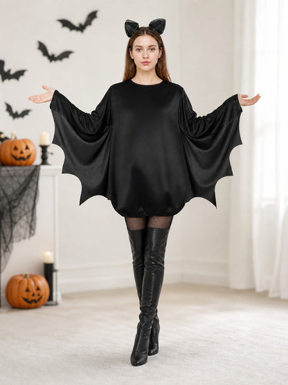 Black bat costume dress with a headband and ears for themed events. The design