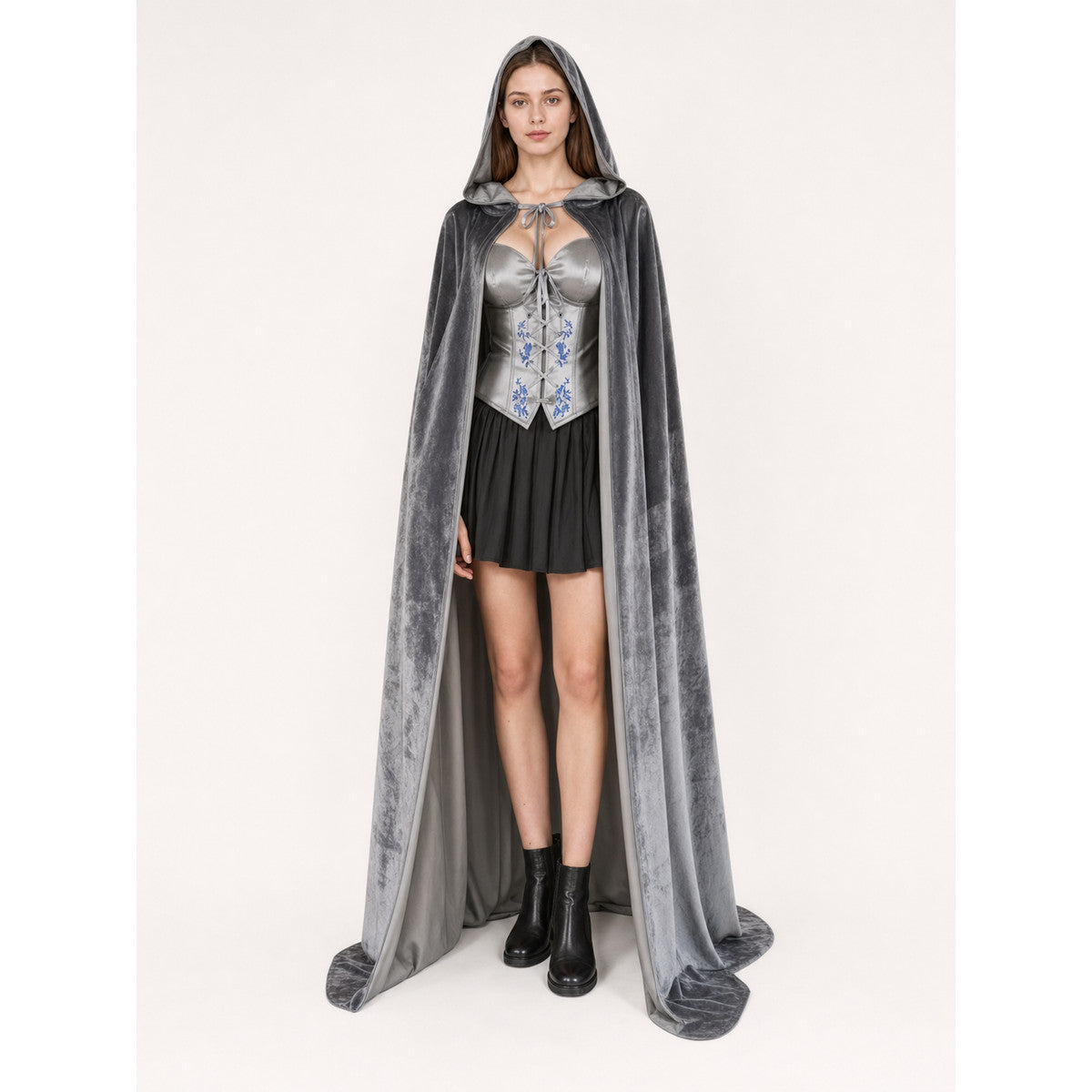 Gray Hooded Long Costume Cape lifestyle